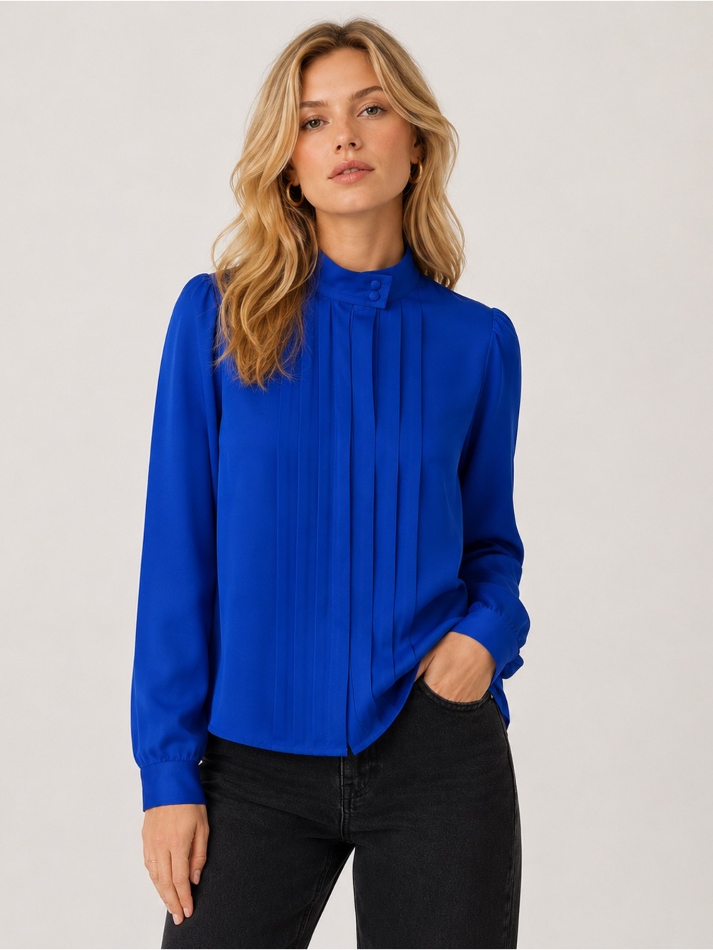 Vintage 80s JH Collectibles Bright Blue Hidden Button Pleated Secretary Blouse